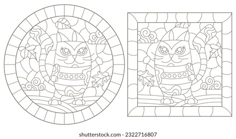 A set of contour illustrations in the style of stained glass with cute cartoon cats, dark contours on a white background