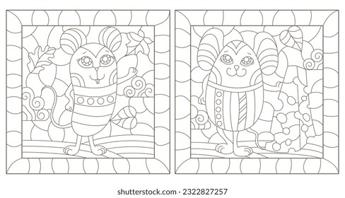 A set of contour illustrations in the style of stained glass with cute cartoon mice, dark contours on a white background