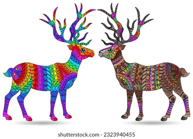 A set of contour illustrations in the style of stained glass with abstract deers, animals isolated on a white background