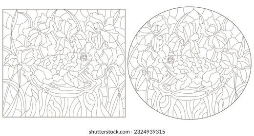 A set of contour illustrations in the style of stained glass with toads and iris flowers, dark contours on a white background