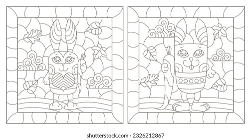 Un conjunto de ilustraciones de contorno en el estilo de vidrios manchados con lindos conejos de dibujos animados, contornos oscuros sobre un fondo blanco