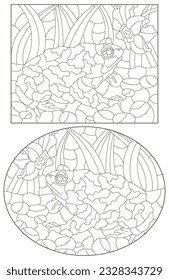 A set of contour illustrations in the style of stained glass with toads and flower, dark contours on a white background