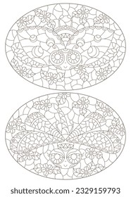 A set of contour illustrations in the style of stained glass with cute cartoon ladybirds,dragonflies and flowers, dark outlines on a white background