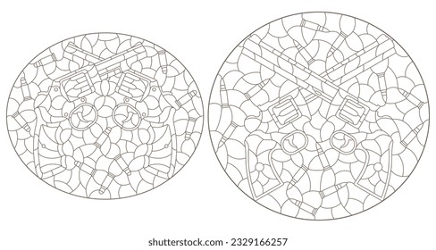 A set of contour illustrations in the style of stained glass with compositions of revolvers and bullets, isolated on a white background