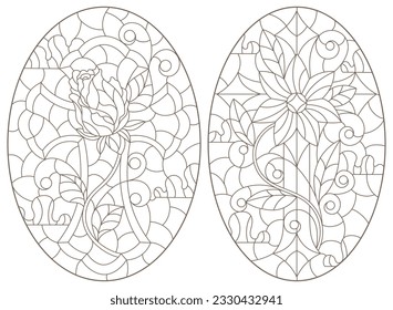 Un conjunto de ilustraciones de contorno en el estilo de vidrio manchado con cruces cristianas, contornos oscuros sobre un fondo blanco