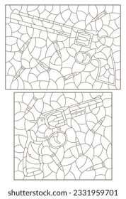 Un conjunto de ilustraciones de contorno en el estilo de vidrio manchado con composiciones de revólveres y balas, aisladas en un fondo blanco