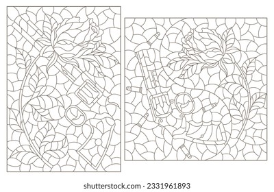 A set of contour illustrations in the style of stained glass with compositions of revolvers and roses, isolated on a white background