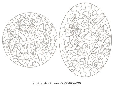 A set of contour illustrations in the style of stained glass with compositions of revolvers and roses, isolated on a white background