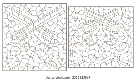 Eine Reihe von Konturillustrationen im Stil von Buntglas mit Zusammensetzungen von Umdrehungen und Kugeln einzeln auf weißem Hintergrund