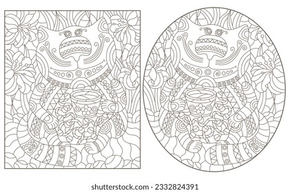 A set of contour illustrations in the style of stained glass with cute cartoon cats on a background of flowers, dark contours on a white background