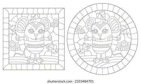 A set of contour illustrations in the style of stained glass with cute cartoon mice, dark contours on a white background