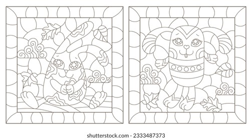 Eine Reihe von Konturillustrationen im Stil von Buntglas mit süßen Cartoon-Kaninchen, dunkle Konturen auf weißem Hintergrund