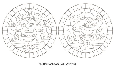 A set of contour illustrations in the style of stained glass with cute cartoon mice, dark contours on a white background