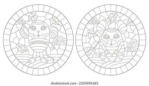 A set of contour illustrations in the style of stained glass with cute cartoon mice, dark contours on a white background