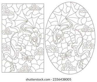 Set of contour illustrations in the style of stained glass with cartoon cute dragons, dark outlines on a white background