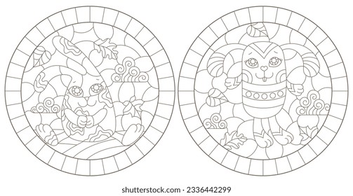 A set of contour illustrations in the style of stained glass with cute cartoon rabbits, dark contours on a white background