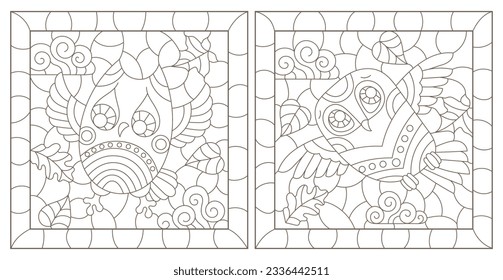 A set of contour illustrations in the style of stained glass with cute cartoon owls, dark contours on a white background