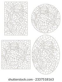 Un conjunto de ilustraciones de contorno en el estilo de vidrio manchado con composiciones de revólveres y rosas, aisladas sobre un fondo blanco
