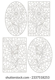 A set of contour illustrations in the style of stained glass with Christian crosses, dark contours on a white background