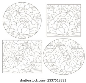 A set of contour illustrations in the style of stained glass with cute cartoon dragons, dark contours on a white background