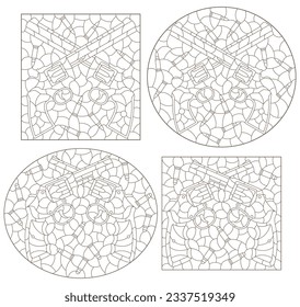 Un conjunto de ilustraciones de contorno en el estilo de vidrio manchado con composiciones de revólveres y balas, aisladas en un fondo blanco