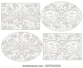 A set of contour illustrations in the style of stained glass with cute cartoon ladybirds,dragonflies and flowers, dark outlines on a white background