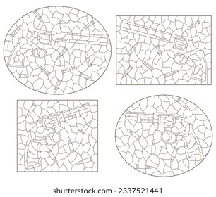 Un conjunto de ilustraciones de contorno en el estilo de vidrio manchado con composiciones de revólveres y balas, aisladas en un fondo blanco