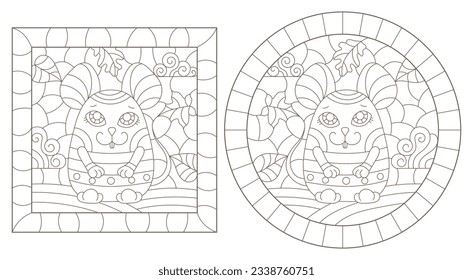 A set of contour illustrations in the style of stained glass with cute cartoon mice, dark contours on a white background