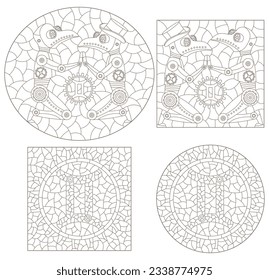Set of contour illustrations in the style of stained glass with steam punk signs of the zodiac gemini, dark contours on a white background