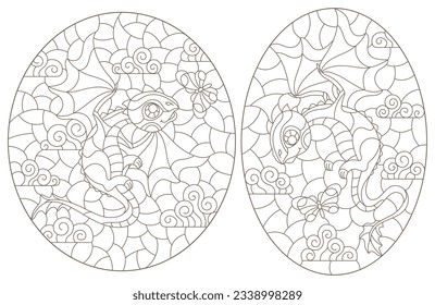 Set of contour illustrations in the style of stained glass with cartoon cute dragons, dark outlines on a white background