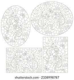 Set of contour illustrations in the style of stained glass with cartoon cute dragons, dark outlines on a white background