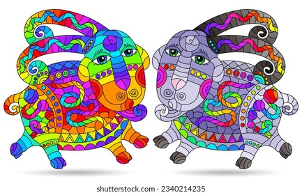 A set of contour illustrations in the style of stained glass with abstract cute lambs, animals isolated on a white background