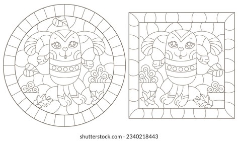 A set of contour illustrations in the style of stained glass with cute cartoon rabbits, dark contours on a white background