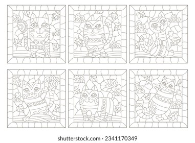 A set of contour illustrations in the style of stained glass with cute cartoon cats, dark contours on a white background