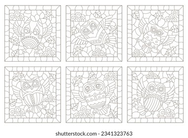 A set of contour illustrations in the style of stained glass with cute cartoon owls, dark contours on a white background