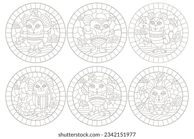 A set of contour illustrations in the style of stained glass with cute cartoon mice, dark contours on a white background