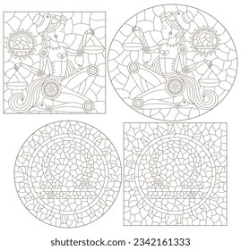 Set of contour illustrations in the style of stained glass with steam punk zodiac signs Libra, dark outlines on a white background