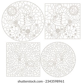 Set of contour illustrations in the style of stained glass with steam punk signs of the zodiac Capricorn, dark contours on a white background