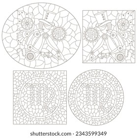 Set of contour illustrations in the style of stained glass with steam punk signs of the zodiac Virgo, dark contours on a white background