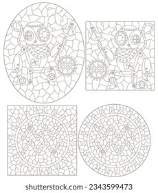 Set of contour illustrations in the style of stained glass with steam punk signs of the zodiac Sagittarius, dark contours on a white background