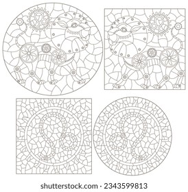 Set of contour illustrations in the style of stained glass with steam punk signs of the zodiac leo, dark contours on a white background