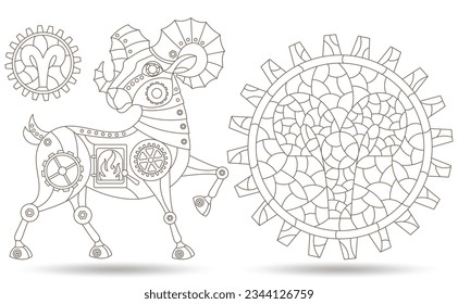 Set of contour illustrations in the style of stained glass with steam punk signs of the zodiac aries, dark contours on a white background