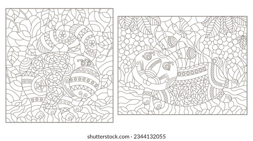 A set of contour illustrations in the style of stained glass with abstract cartoon rabbits on a background of berries, dark contours on a white background