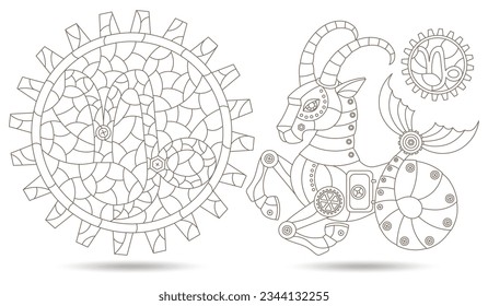 Set of contour illustrations in the style of stained glass with steam punk signs of the zodiac Capricorn, dark contours on a white background