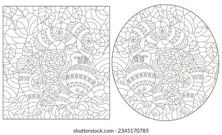 A set of contour illustrations in the style of stained glass with abstract cartoon rabbits on a background of berries, dark contours on a white background