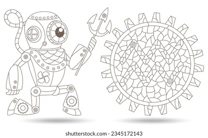 Set of contour illustrations in the style of stained glass with steam punk signs of the zodiac Sagittarius, dark contours on a white background