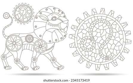 Set of contour illustrations in the style of stained glass with steam punk signs of the zodiac leo, dark contours on a white background