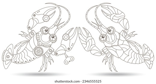 Set of contour illustrations in the style of stained glass with steam punk signs of the zodiac cancer , dark contours on a white background