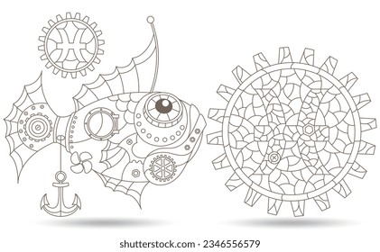 Set of contour illustrations in the style of stained glass with steam punk signs of the zodiac pisces , dark contours on a white background