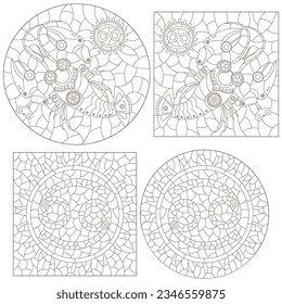 Set of contour illustrations in the style of stained glass with steam punk signs of the zodiac cancer , dark contours on a white background